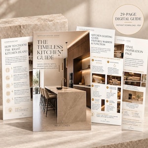 以下が含まれることがあります： Inna Lorenによる29ページのデジタルインテリアデザインガイド「The Timeless Kitchen Guide」。キッチンアイランド、照明器具、インスピレーションに関するページが、テキストとキッチンの写真が印刷されたシートとして表示されています。
