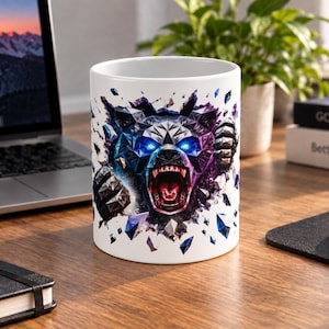 Shattered Geometric Wolf Face Mug | Electric Blue Ceramic Coffee Cup