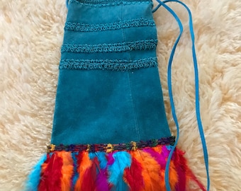 Leather and Feather Blue Medicine Bag
