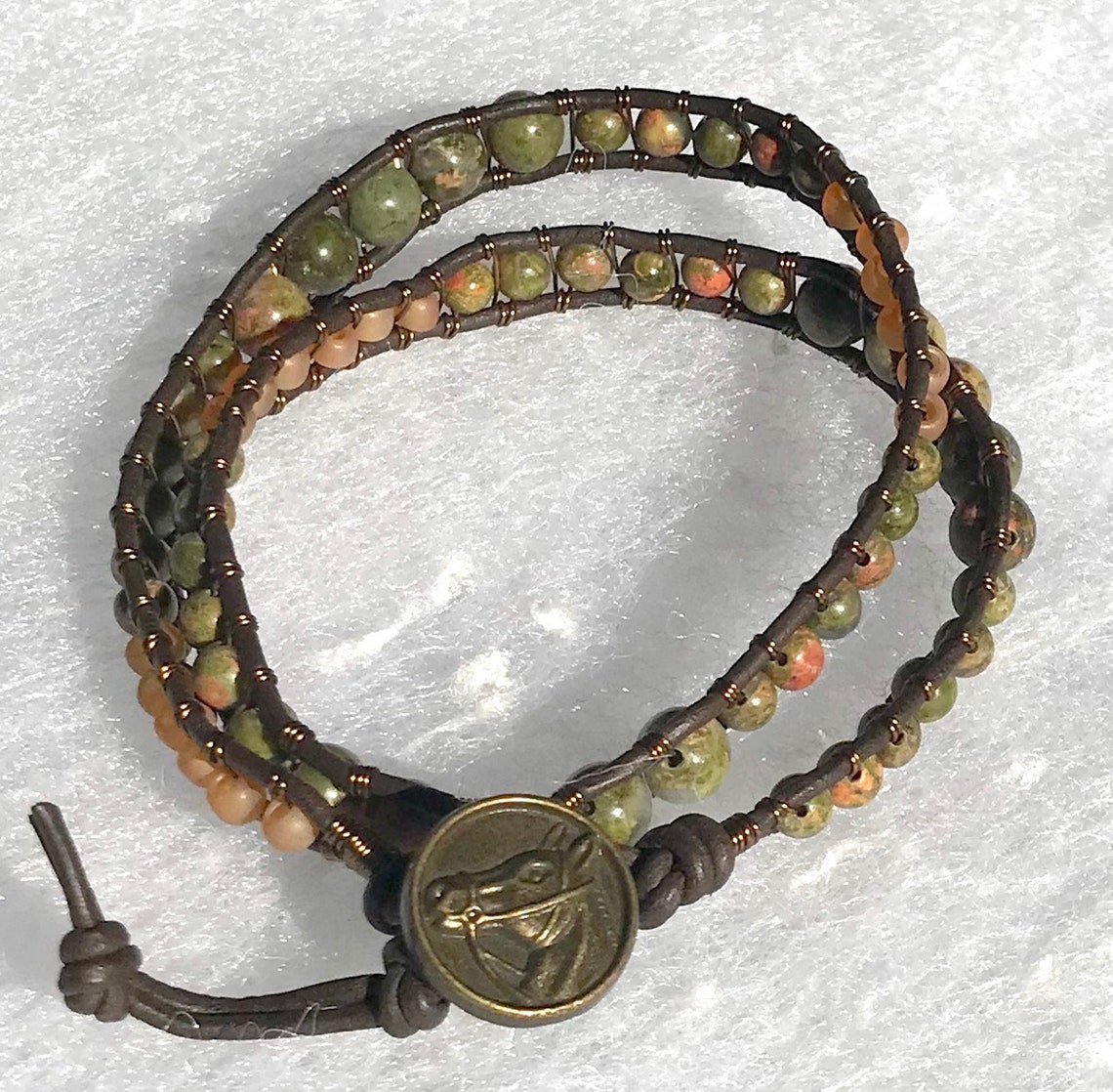 Double Wrap Unakite Gemstone Leather & Brass Wire Wrap Bracelet Etsy