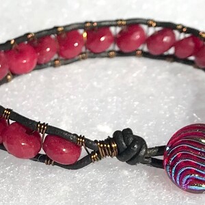 Pretty Red Ruby Gemstone Leather & Brass Wire Wrap Bracelet