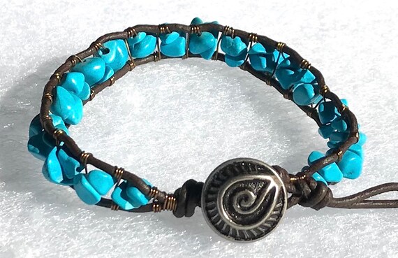 Pretty Blue Jasper Nugget Gemstone Beads and Metal Clasp Leather