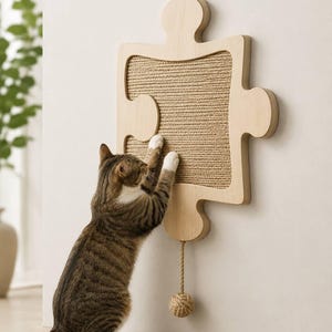 May include: A wall-mounted cat scratching post shaped like a large puzzle piece. The frame is made of light-coloured wood, and the centre is filled with a textured tan sisal rope material. A small ball of sisal rope hangs from the bottom of the piece.
