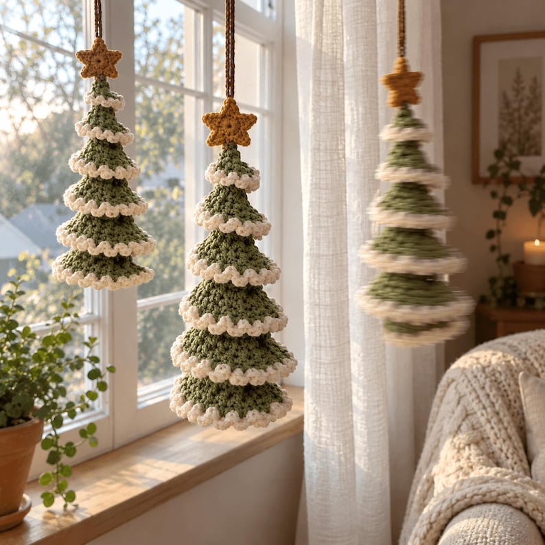 May include: Three hanging crochet ornaments shaped like Christmas trees. Each tree is made of sage green yarn with white ruffled edges and topped with a small, mustard yellow crocheted star. The ornaments hang from brown strings.