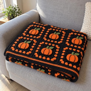Mönster för pumpalappsfilt i PDF-format, fyrkantig pumpa- och mormorsfilt, virkad filt i höst, virkad afghansk halloweenfilt