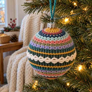 May include: A spherical Christmas bauble covered in a multi-coloured crochet pattern featuring horizontal stripes of mustard yellow, dark blue, light blue, pink, sage green, lavender, and a central band of white decorative scalloped stitching.