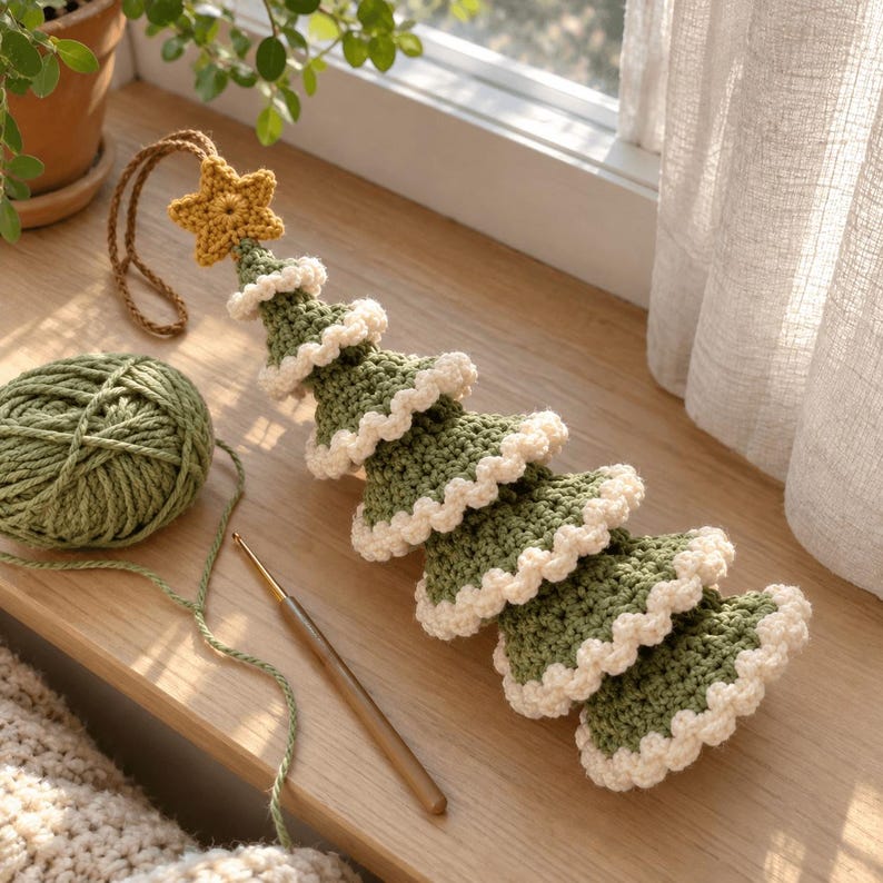 May include: A handmade crochet Christmas tree ornament in olive green with cream-colored ruffled edges. The tree is topped with a small mustard yellow crocheted star and features a brown yarn loop for hanging, accompanied by a ball of green yarn.