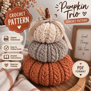 Peut inclure: Un modèle de crochet pour un trio de citrouilles empilées en crème, gris et orange avec une tige en bâton de cannelle et un nœud en ruban de jute. L'image contient le texte : CROCHET PATTERN, Pumpkin Trio, Digital Download, Easy to Follow Guide, Detailed Instructions, Beginner Friendly, et PDF FORMAT.
