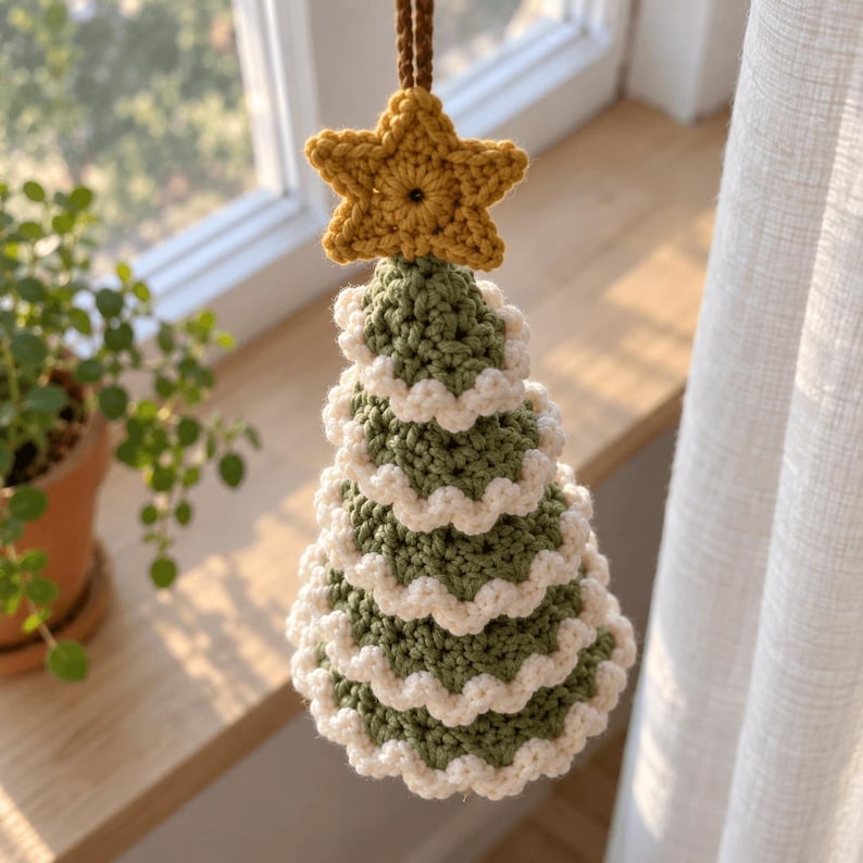 May include: A hanging crochet ornament shaped like a tiered Christmas tree in sage green with white scalloped edges. The tree is topped with a small, five-pointed yellow star and features a brown yarn loop at the top for hanging purposes.