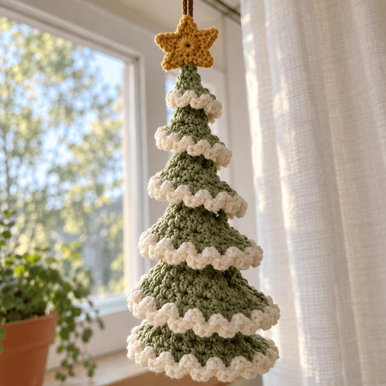 May include: A hanging crochet Christmas tree ornament in sage green with white ruffled edges on each tier. The tree is topped with a small, textured yellow crochet star and features a brown string loop at the very top for easy hanging display.