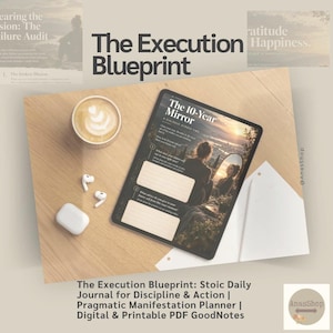 May include: A digital tablet displaying The Execution Blueprint planner with The 10-Year Mirror page, featuring a coffee cup, white wireless earbuds, and a charging case on a light wood surface. The screen shows text prompts and a landscape image.