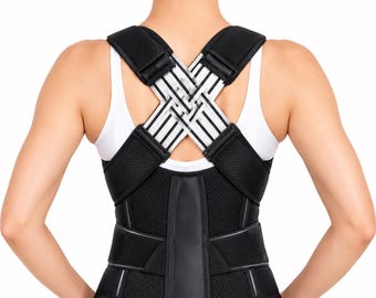Corrector de postura ajustable para hombres y mujeres. Soporte para la espalda y los hombros con diseño de tracción cruzada, soporte para la cintura y correas transpirables.