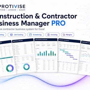 May include: A digital dashboard titled PROTIVISE Construction & Contractor Business Manager PRO for Excel. It displays five interface screens featuring data tables, bar charts, and pie charts for estimating, job costing, scheduling, and invoicing.