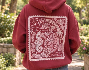 Felpa con cappuccio oversize ricamata Pink Palm Puff Original Boho Seahorse Beach Y2K Vintage Streetwear