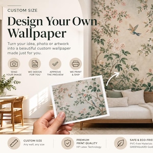 May include: Custom wallpaper service featuring a floral and bird design on a wall behind a daybed. Text reads: Design Your Own Wallpaper. Turn your idea, photo or artwork into a beautiful custom wallpaper made just for you. Includes icons.
