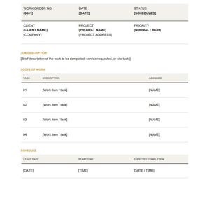 May include: A black and white contractor work order template document featuring sections for company name, work order number, date, status, client, project, priority, job description, scope of work with task lists, and a schedule for start and completion.