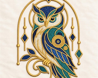May include: An embroidered design of an owl in shades of blue, teal, and white, accented with gold thread. The owl is perched on a branch and framed by a gold arch with geometric diamond shapes and circular motifs, creating a detailed pattern.