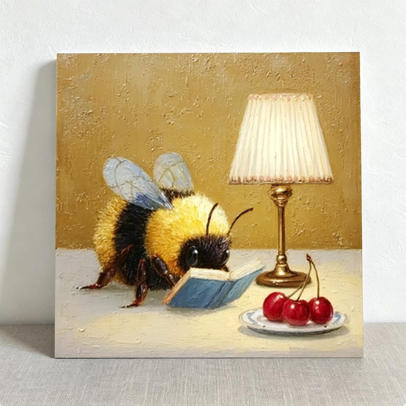Bee Reading Book Oil Painting, Insect Themed Art, Reading Themed ...