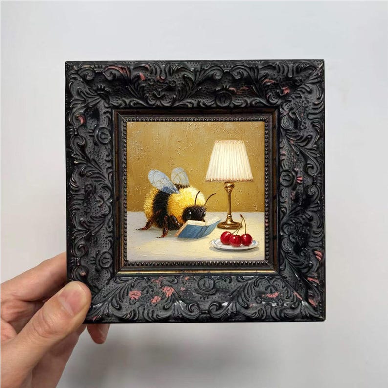 Bee Reading Book Oil Painting, Insect Themed Art, Reading Themed ...