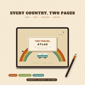 May include: A digital tablet displaying a travel planner titled THE TRAVEL ATLAS with a rainbow and van graphic. The screen features text EVERY COUNTRY, TWO PAGES, MAP, TRIP, PHOTOS, NOTES. A stylus rests beside the tablet on a cream background.