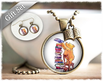 Winnie the Pooh Necklace and Earrings Set: Book Lover Jewelry