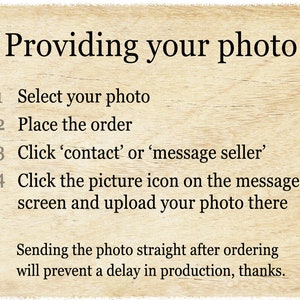 May include: A text-based image with instructions on how to provide a photo for a custom order. The instructions are numbered 1 through 4 and include steps like selecting a photo, placing an order, and clicking 'contact' or 'message seller'. The image also includes a note that sending the photo straight after ordering will prevent a delay in production.