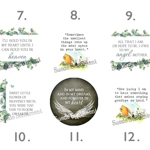 May include: A set of 10 printable digital downloads featuring Winnie the Pooh quotes and illustrations. The quotes are about love, loss, and remembrance. The illustrations are in a watercolor style with green leaves and a light blue background.