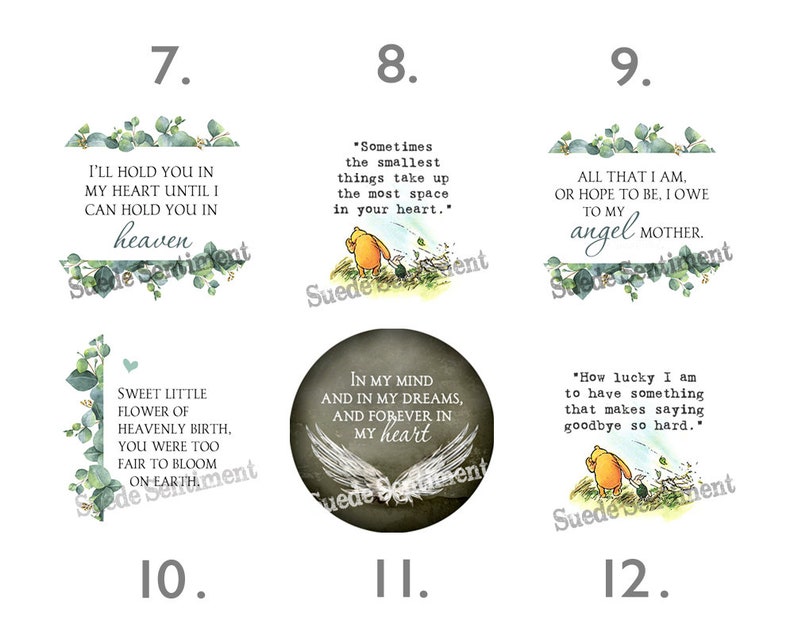 May include: A set of 10 printable digital downloads featuring Winnie the Pooh quotes and illustrations. The quotes are about love, loss, and remembrance. The illustrations are in a watercolor style with green leaves and a light blue background.