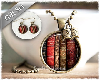 Reader Necklace and Earrings Set • Book Earrings • Vintage Book Lover Jewellery • Reader Necklace • Reader Gifts • Bibliophile Gift