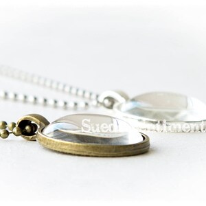 May include: A close-up of a silver and bronze necklace with a clear glass pendant. The pendant is oval-shaped and has a silver rim. The necklace is on a white background.