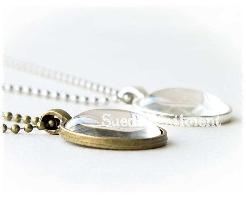 May include: A close-up of a silver and bronze necklace with a clear glass pendant. The pendant is oval-shaped and has a silver rim. The necklace is on a white background.