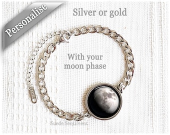 Personalized Moon Phase Bracelet: Stainless Steel Birth Moon Jewelry
