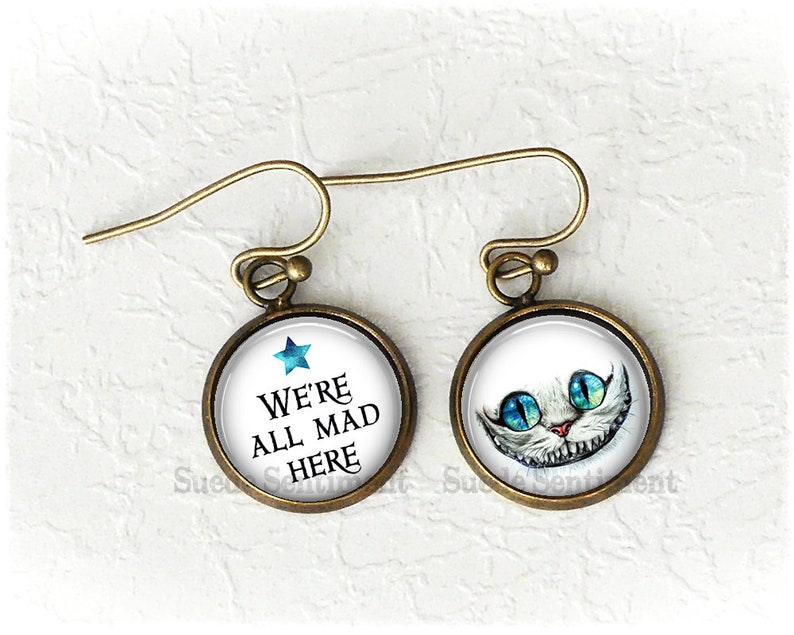 We're All Mad Here Earrings Alice in Wonderland Jewellery Book Earrings Cheshire Cat Earrings Book Lover Gifts image 3