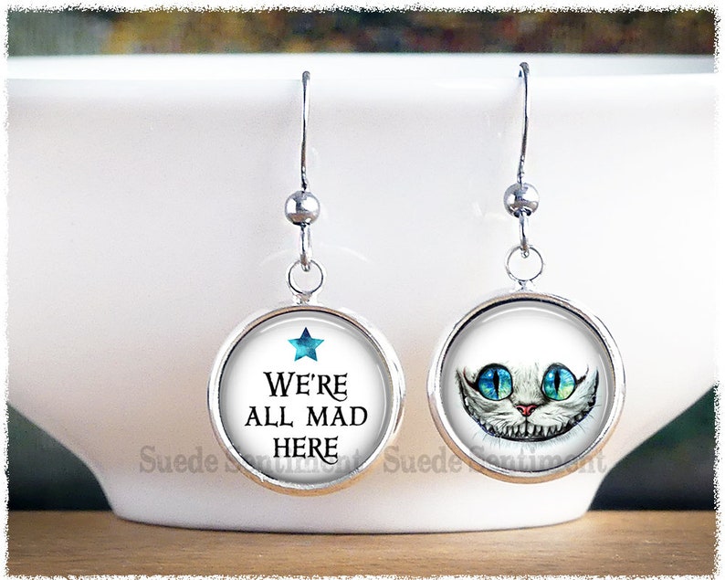 We're All Mad Here Earrings Alice in Wonderland Jewellery Book Earrings Cheshire Cat Earrings Book Lover Gifts image 2