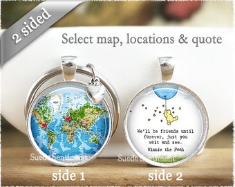 Custom Map Keychain • Best Friend Long Distance • 2 Sided Keychain • World Map Gifts • Sister Long Distance • Winne the Pooh