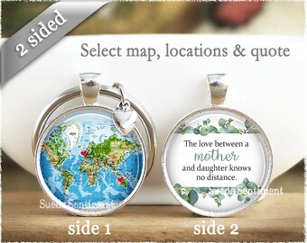 Personalized Mother Daughter Keychain: Long Distance World Map Gift