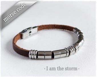 Warrior Quote Morse Code Bracelet: Leather & Stainless Steel Jewelry
