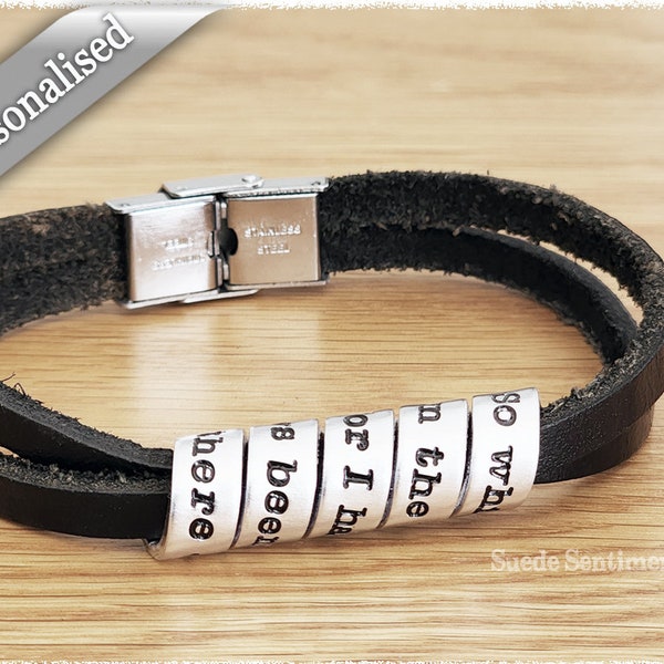 Personalized Leather Mens Bracelet • Engraved Aluminum Anniversary Gift