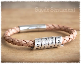 Personalized Leather Bracelet: Engraved Aluminum Band, Friendship Gift