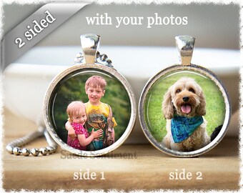 May include: Two-sided silver pendant necklace with a round glass insert. One side features a photo of two children, a boy and a girl, hugging. The other side features a photo of a brown dog with a blue bandana. The necklace has a silver chain.