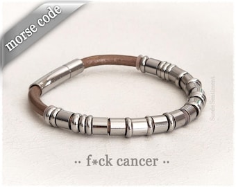 Morse Code Leather Bracelet, F Cancer Bracelet, Cancer Survivor Gift