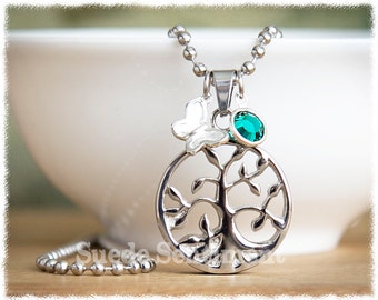 Tree of Life Cremation Urn Necklace: Stainless Steel Memorial Jewelry with Birthstone