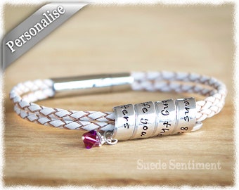 Personalized Leather Bracelet: Aluminum Scroll, Crystal Birthstone