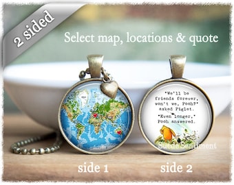 Personalised Map Necklace • Distance Friendship • Custom Best Friend Gift • World Map Jewellery • 2 Sided Necklace • Winnie the Pooh