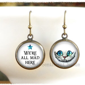 We're All Mad Here Earrings Alice in Wonderland Jewellery Book Earrings Cheshire Cat Earrings Book Lover Gifts image 1