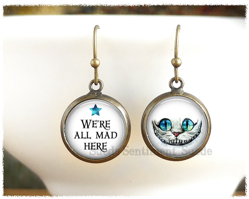 We're All Mad Here Earrings Alice in Wonderland Jewellery Book Earrings Cheshire Cat Earrings Book Lover Gifts image 1