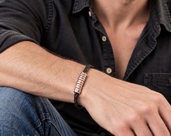 Mens Personalised Anniversary Gift, Copper Bracelet, Mens Custom Leather Bracelet