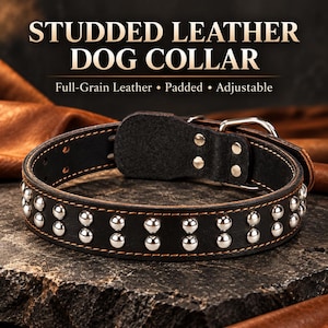 Puede incluir: Un collar de cuero negro para perro con dos filas de tachuelas metálicas plateadas, costuras en contraste y una hebilla de metal. El texto en la imagen dice: STUDDED LEATHER DOG COLLAR, Full-Grain Leather, Padded, Adjustable.