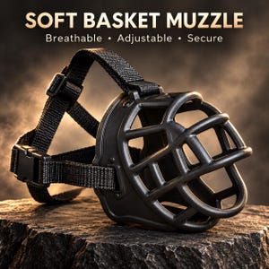 May include: A black soft basket muzzle with adjustable nylon straps and a plastic buckle. The text SOFT BASKET MUZZLE Breathable • Adjustable • Secure is displayed above the muzzle, which features a cage-like design for ventilation.
