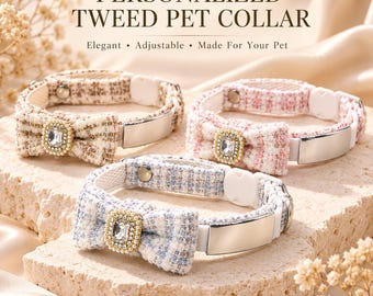 May include: Three pet collars in beige, pink, and blue tweed fabric, each featuring a bow with a central rectangular rhinestone surrounded by small pearls, a silver-tone metal identification plate, and a white plastic buckle and adjustment slider.